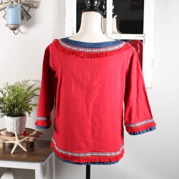 Casey & Max Vintage Red & Blue Fringe Top, Size Medium - Boho Vibes! - Picture 2 of 7